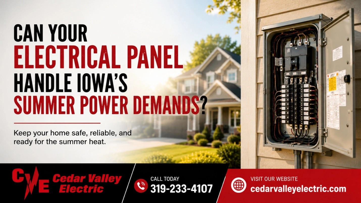 Residential electrical panel mounted on a home exterior with a modern Iowa home in the background. Promotional image for Cedar Valley Electric highlighting electrical panel inspections, summer power demands, and electrical safety for homeowners in Waterloo, Cedar Falls, and the Cedar Valley.